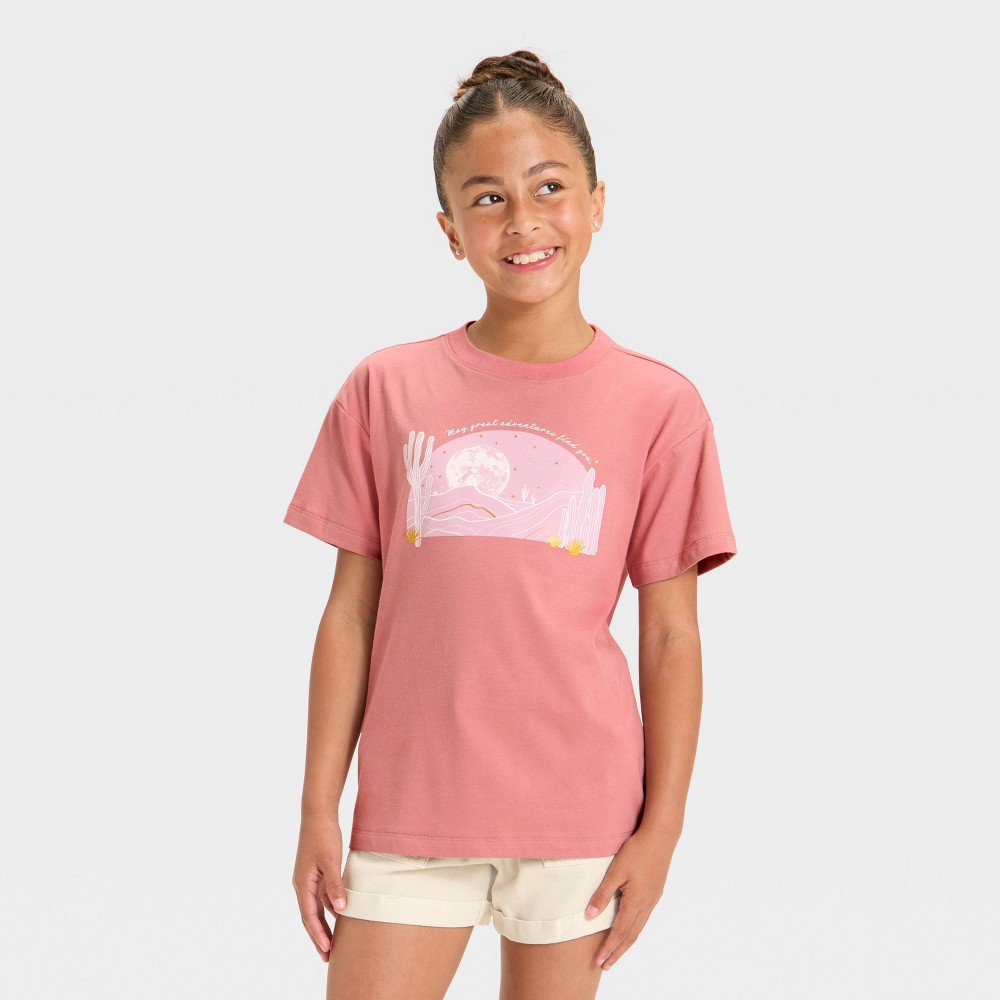 Girls' Short Sleeve Oversized Scenic Desert Graphic T-Shirt - Cat & Jack™ Pink Rose XS