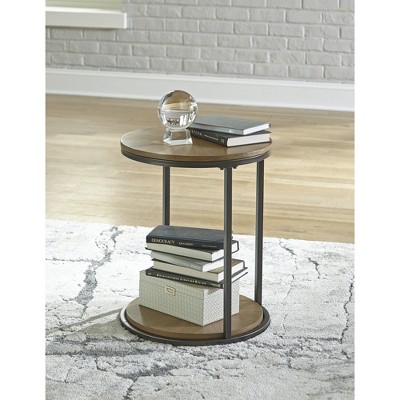 Round Black and Brown Wood Metal End Table with Storage