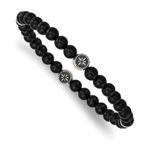 Chisel Stainless Steel Antiqued and Polished 6mm Black Agate Beaded Stretch Bracelet - 1 of 4