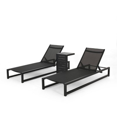 3pc Modesta Patio Aluminum Chaise Lounge Set with C-Shaped End Table - Black - Christopher Knight Home