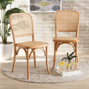 2pc Neah Woven Rattan & Wood Cane Dining Chair Set Brown - Baxton Studio: Beech Frame, Mid-Century, No Assembly Required - 1 of 4