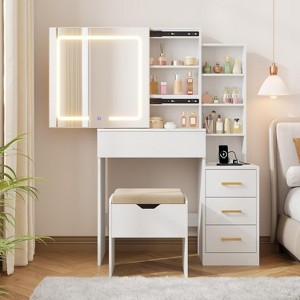 Vanity Desk with Mirror and Adjustable Lights, Makeup Vanity Desk with Drawers, Built-in Power Outlet & USB, Makeup Table for Bedroom - 1 of 4