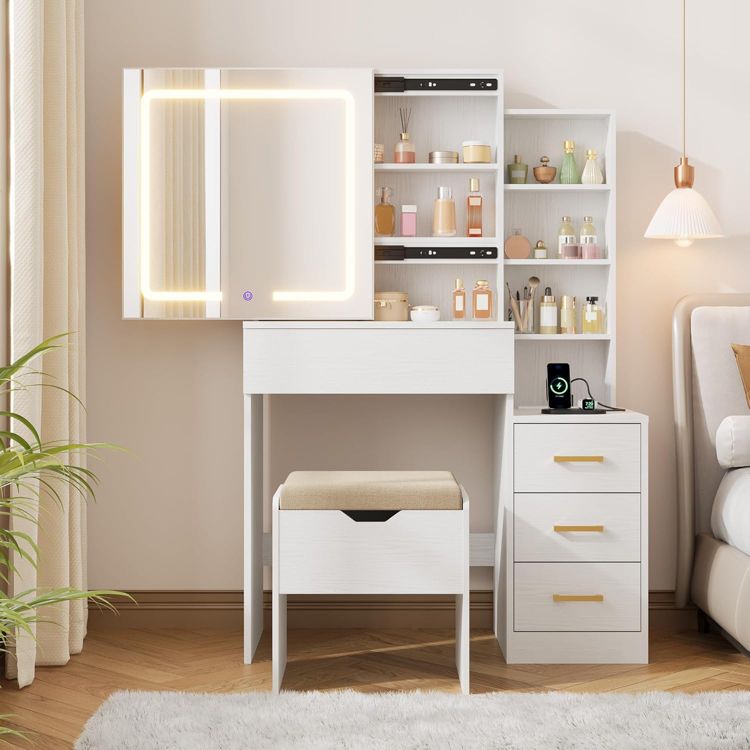 TackView Makeup Vanity Desk with Sliding Mirror & Stool, 4 Drawers ...