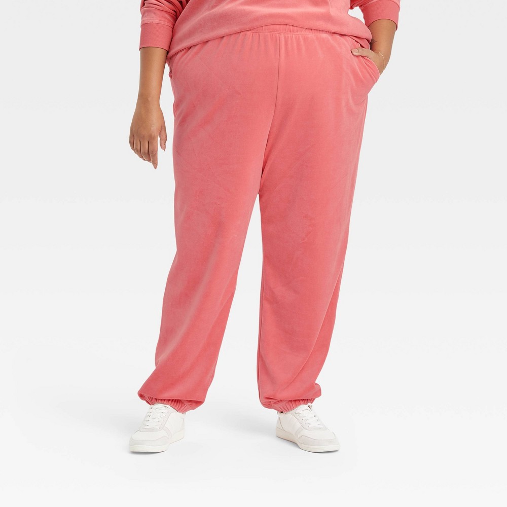 Women's Plus Size High-Rise Relaxed Velour Jogger Pants - Ava & Viv Coral Red 1X 