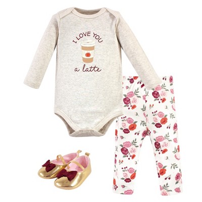 Hudson Baby Infant Girls Cotton Bodysuit, Pant and Shoe 3pc Set, Fall Latte