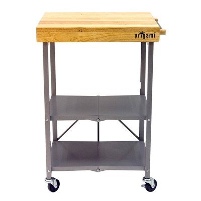 Foldable Silver Kitchen Cart with Wood Butcher Block Top