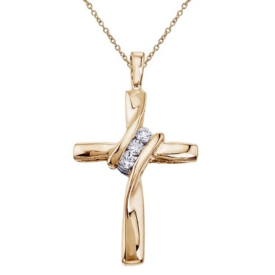 Pompeii3 Three Stone Real Diamond Cross Pendant 10K Yellow Gold Necklace 19mm tall