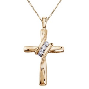 Pompeii3 Three Stone Real Diamond Cross Pendant 10K Yellow Gold Necklace 19mm tall - 1 of 4