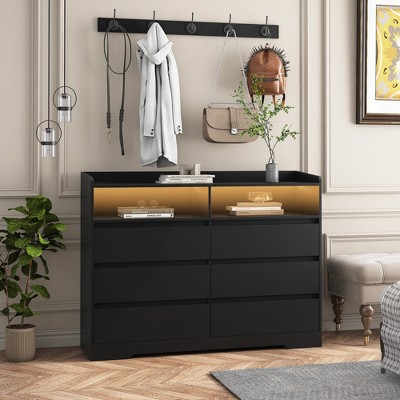 6 Drawer Dresser with LED Lights and Charging Station, Chest of 6 Drawers with Open Space, Storage Cabinet for Bedroom, Living Room, Hallway