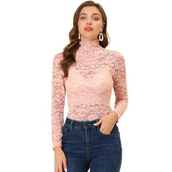 Allegra K Women's See-Through Long Sleeve Turtleneck Sheer Floral Lace Blouse