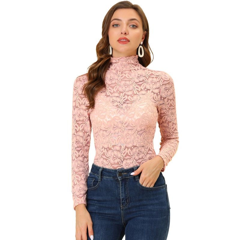Allegra K Women's See-Through Long Sleeve Turtleneck Sheer Floral Lace Blouse, 1 of 6