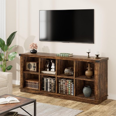 8 Cube Book Shelf, Rustic Farmhouse Wood Horizontal Bookshelf, Long Freestanding Bookcase Cabinet, 2-Tier Storage Organizer for Living Room, Entryway