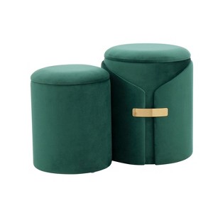 Dahlia Contemporary/Glam Nesting Ottoman Set in Green Velvet with Gold Metal Accent Pieces by LumiSource - 1 of 4