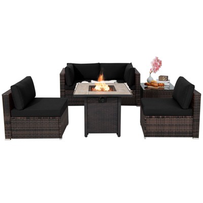 Tangkula 6 PCS Patio Wicker Furniture Set With 30" Gas Fire Pit Table 50,000 BTU Black/Red/Turquoise/Navy/White  Cushions