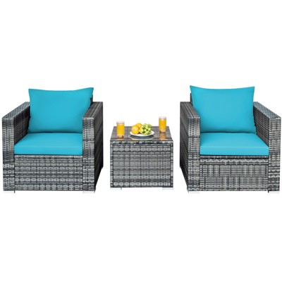 Tangkula 3PCS Patio Rattan Furniture Set Outdoor Bistro Set w/Washable Cushion for Garden Poolside Backyard Turquoise