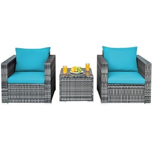 Tangkula 3PCS Patio Rattan Furniture Set Outdoor Bistro Set w/Washable Cushion for Garden Poolside Backyard Turquoise - 1 of 4