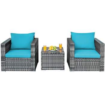 Tangkula 3PCS Patio Rattan Furniture Set Outdoor Bistro Set w/Washable Cushion for Garden Poolside Backyard Turquoise