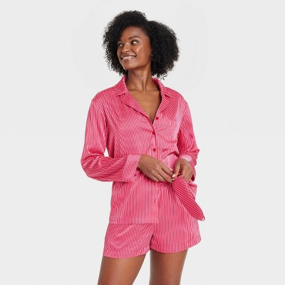 Women's Striped 3pc Satin Long Sleeve Top and Shorts Pajama Set with Eye Mask - Auden™ Red S