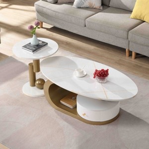 KWPZQEB Modern Nesting Coffee Table Set of 2, Oval Center Table and Round End Table with Storage Drawer, Luxury Cocktail Table for Living Room - 1 of 4
