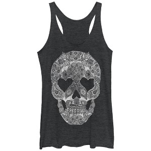 Women's Lost Gods Henna Grinning Skull Print Racerback Tank Top - 1 of 3