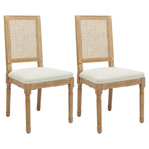 QingMoon Vintage Dining Chairs Set of 2, Wooden Decor Chairs with Square Rattan Backrest and Linen Upholstered Seat for Living Room - 1 of 4