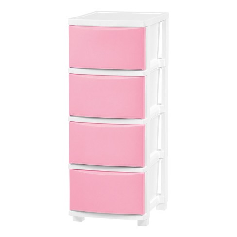 IRIS USA 4 Slim Plastic Drawer Storage with Casters, pink