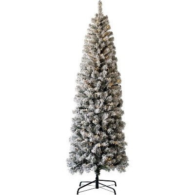 Pencil Christmas Tree Prelit, Partially Flocked & Frosted Skinny Xmas Tree with PVC Branch Tips, Lights, Foldable Stand