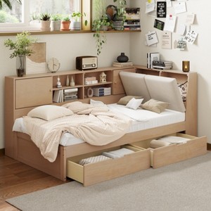 Merax Wooden L-Shaped Daybed with Upholstered Storage Headboard, USB Charging Ports & Storage Bookcase - 1 of 4