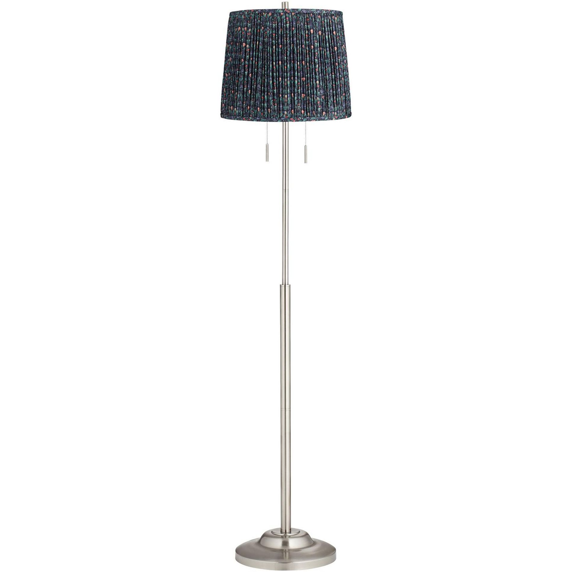 360 Lighting Abba Modern 65" Tall Standing Floor Lamp Skinny Pole Twin Pull Chain Silver Metal Brushed Steel Finish Bedroom Pleated Sally Green Shade