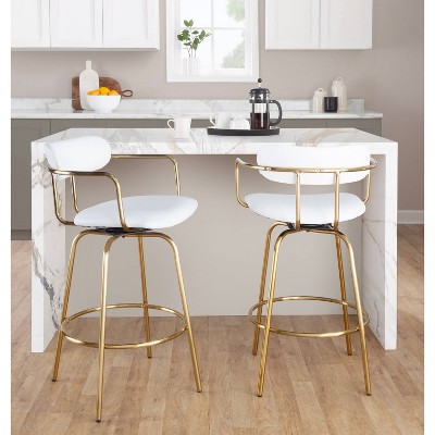 White Faux Leather and Gold Metal Swivel Counter Stool Set
