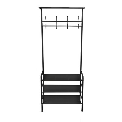 Mind Reader Coat Rack and 3-Tier Shoe Shelf, 8 Hooks, Black