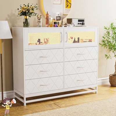 Jojoka 8 Drawer Dresser with Doors, Charging Station & LED Lights, Tall Storage Cabinet Chest for Bedroom, Living Room, Hallway