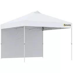 Outsunny 10' Pop-Up Canopy Party Tent with 1 Sidewall, Rolling Carry Bag on Wheels, Adjustable Height, Folding Outdoor Shelter, White