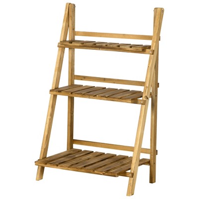 Natural Fir Wood 3-Tier Foldable Ladder Plant Stand