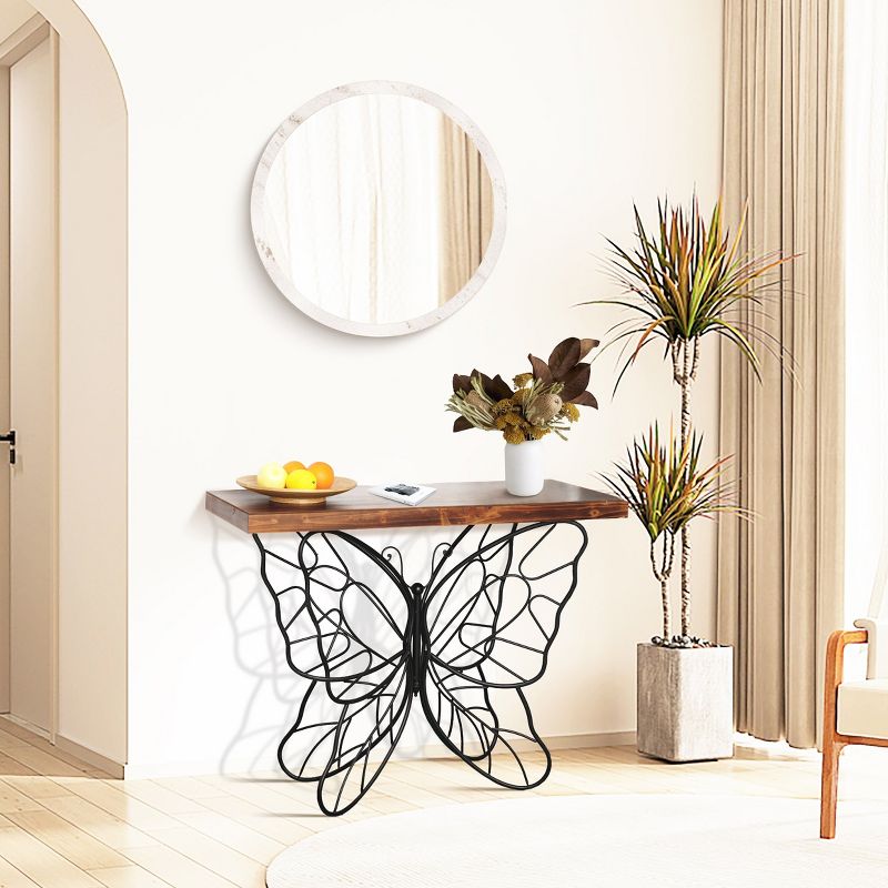 LuxenHome Wood Top Metal Butterfly Accent Console and Entry Table Brown, 2 of 17