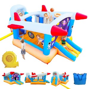 Inflatable Bounce House with Dual Slides, Rocket Bouncy Castle with Jumping & Climbing Area, Blower Included,Basketball Hoop Game for 3-10 Kids - 1 of 4