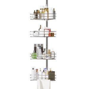 Corner Shower Caddy Tension Pole, 76"-110" Adjustable Bathroom Organizer Shelves, 4-Tier Bathroom Shelves with Built-In Towel Bars - 1 of 1