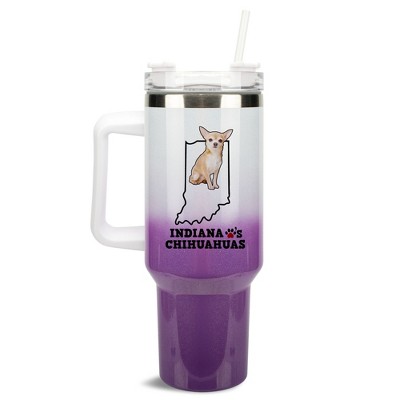 Elanze Designs The Hoosier State Indiana Loves Chihuahuas Purple and White Double Wall Stainless Steel Insulated Travel Tumbler with Lid and Straw, 40