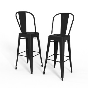 Metal Barstool with Curved Slatted Back, Footrest, and Cross Brace, Industrial Design, Set of 2 for Kitchen or Home Bar - 1 of 4