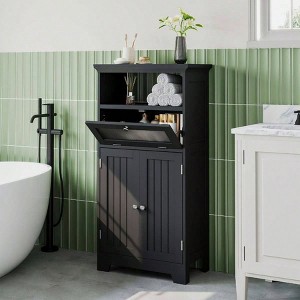 Freestanding Bathroom Cabinet Black Flip Glass Drawer 2 Doors Adjustable Shelf Open Storage Bathroom Living Room Hallway - 1 of 4