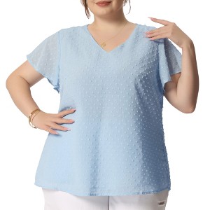 Agnes Orinda Women's Plus Size Swiss Dot V-Neck Tops with Flutter Sleeves - 1 of 4