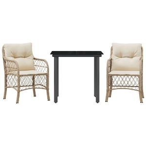 vidaXL 3 Piece Bistro Set with Cushions Beige Poly Rattan - Patio Furniture for Garden, Backyard, Balcony - 1 of 4