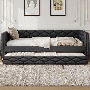 GDFStudio Geoffrey Modern Full XL Size Faux Leather Upholstered Daybed with Trundle and LED - 1 of 4