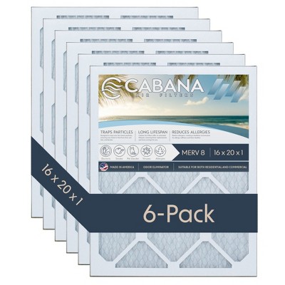 Cabana Air Filters 6 Pack Home HVAC Furnace Air Filters, Capture Unwanted Particles with Pleated Design, MERV 8, 16 x 20 x 1, White