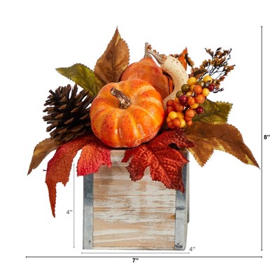 8'' Fall Pumpkin and Pinecones Artificial Arrangement in Weathered Wood Vase