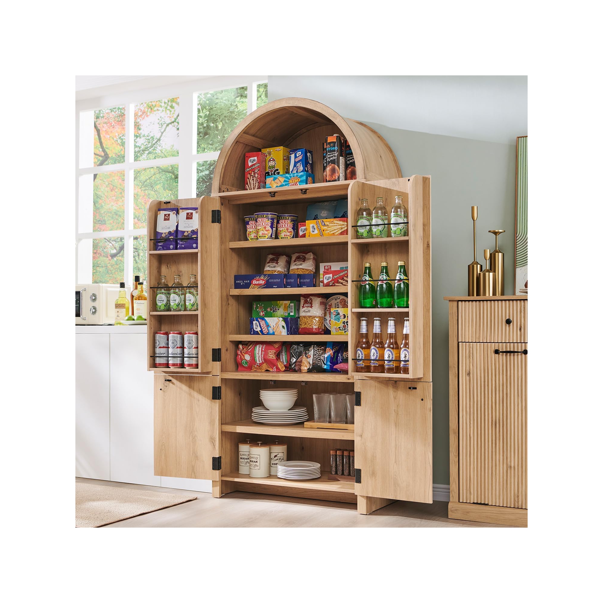 71" Tall Arched Kitchen Pantry, Modern Storage Cabinet with 3 Adjustable Shelves, 6 Door Shelves, for Kitchen, Living Room, natural