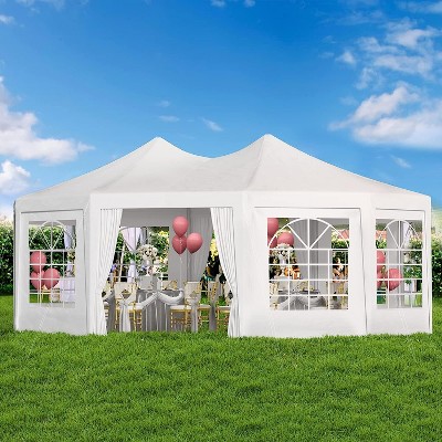 Erommy Party Tent, White Wedding Tent, Octagonal Heavy Duty Canopy with 6 Removable Sidewalls, 6 Church Windows and 2 Pull-Back Doors