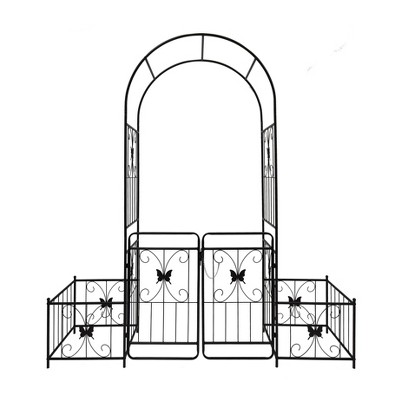 COMHOMA Metal Garden Arch with Gate and Plant Pot Garden Arbor Trellis Climbing Plants Support Rose Arch Black