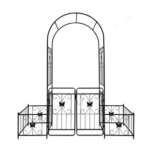 COMHOMA Metal Garden Arch with Gate and Plant Pot Garden Arbor Trellis Climbing Plants Support Rose Arch Black - 1 of 4