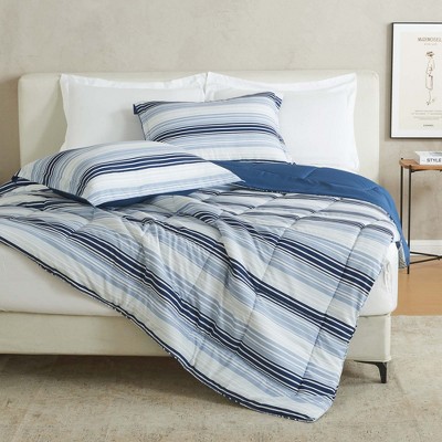 Twin Blue Gradient Stripe Reversible Microfiber Comforter Set